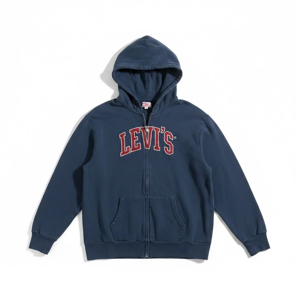 Levis Mens XXL Navy Blue Full Zip Hoodie Varsity Logo French Terry‎ Sweatshirt